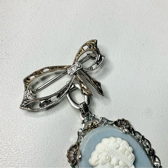 Vintage Art Deco Sterling Silver Cameo Bow Brooch Pin - Picture 3 of 8